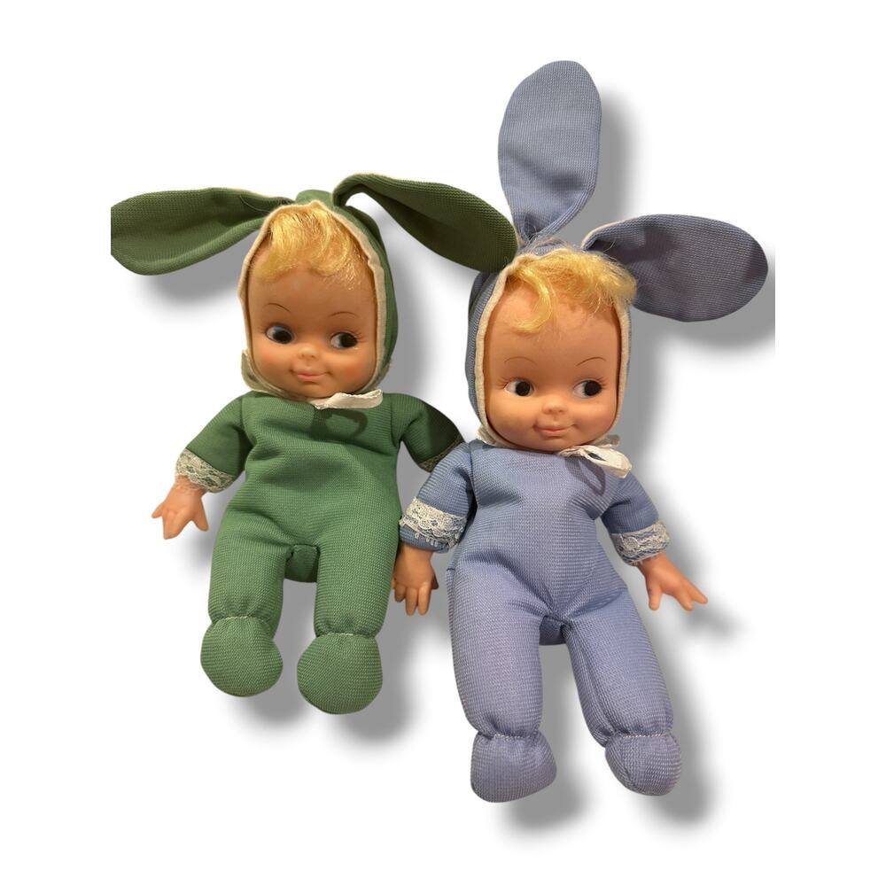 Vintage Bunny Baby Dolls Pair 9” Cloth Body Rubber Face Easter